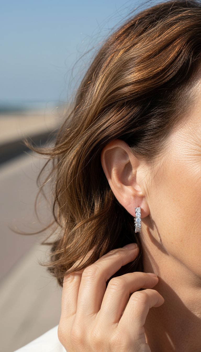 AI-generated diamond hoop earring on model at seaside