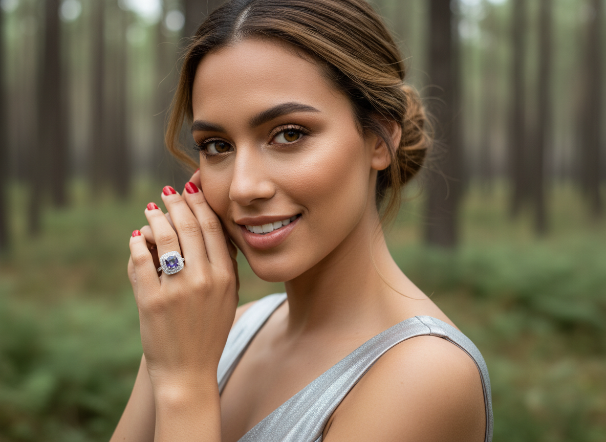 AI-generated model shot with halo ring in forest setting