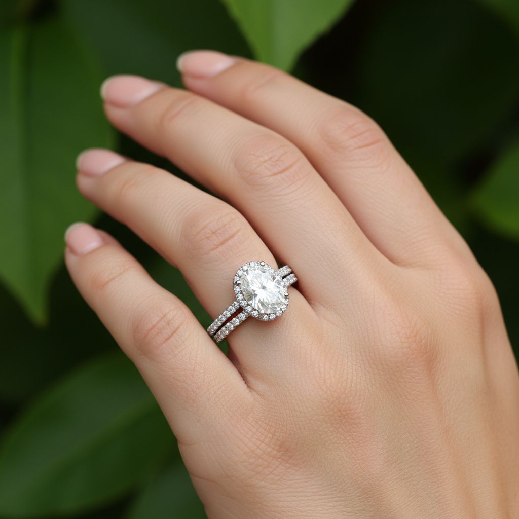 AI-generated oval halo bridal set on hand with greenery