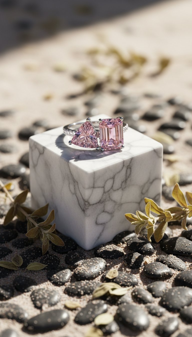 AI-generated product shot of pink trilogy ring on marble surface