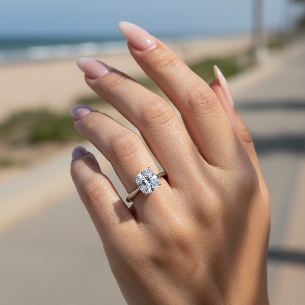 AI-generated close-up of solitaire diamond ring on hand at beach